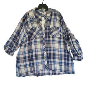 C&C California Shirt Womens 26/28 Button Up Blue and White Plaid Roll Tab Top